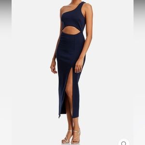 Fore One Shoulder Cutout Fitted Dress- Navy Midi with Slit. Size medium. NWT